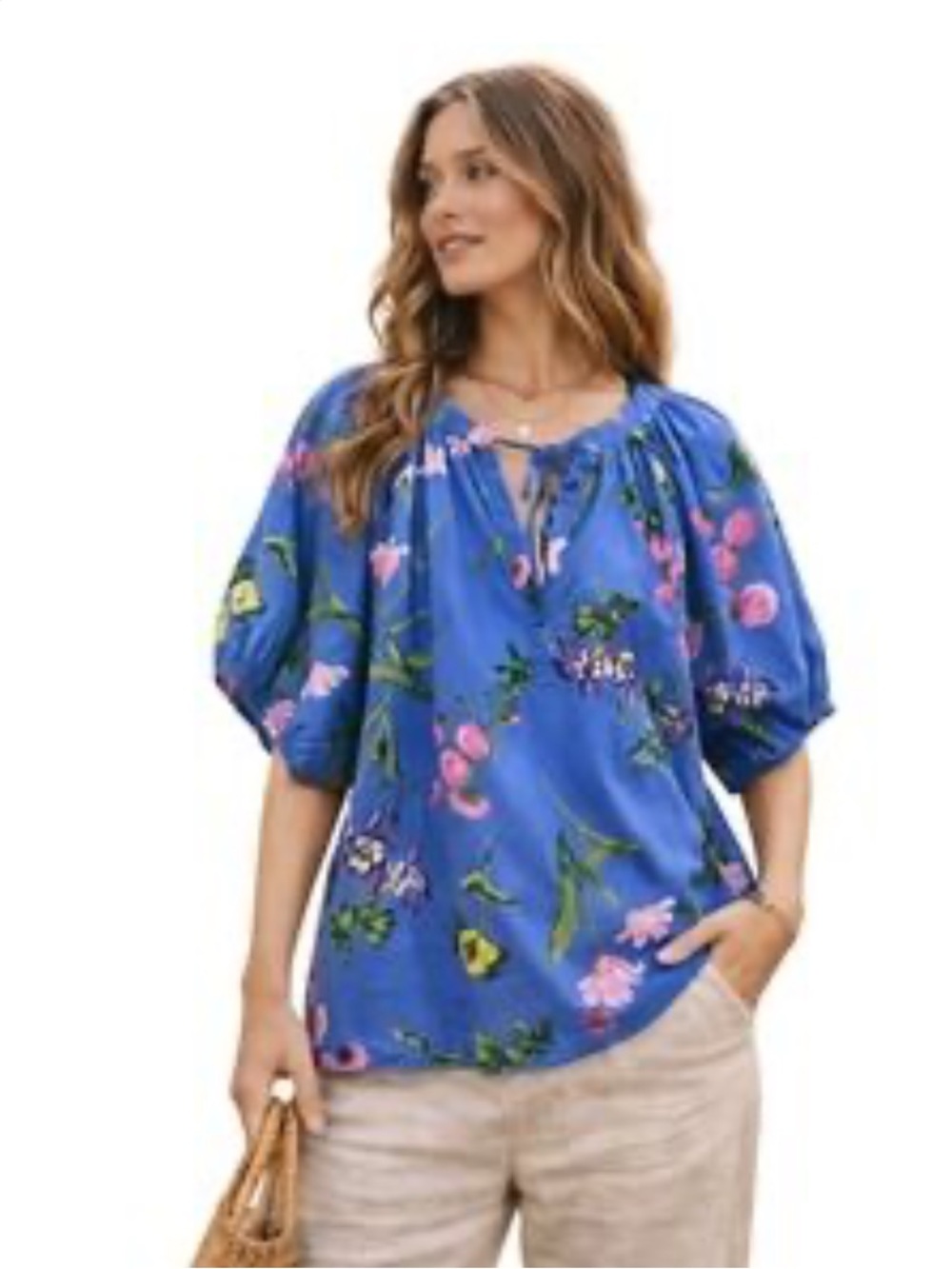 LOFT Womens Blouse Small Blue Floral  Puff Sleeve Sz S